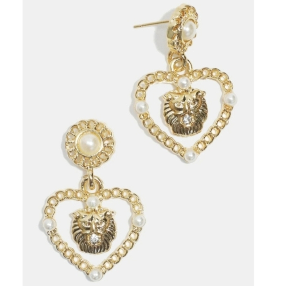 NEW Zara Golden Lion Heart Shaped Dangle Drop Earrings w/ Pearls